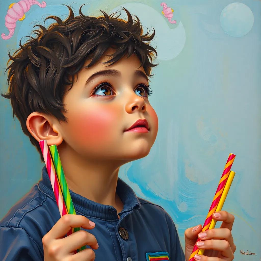 Noah, looking up with curious eyes at Tia Leina, with colorful straws in his hands, bright colors, friendly vibe, anticipation of friendship