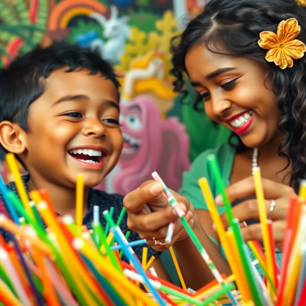 A close-up of Noah laughing with Tia Leina, as they create something fun from straws together, bright and colorful art scene, filled with joy and teamwork