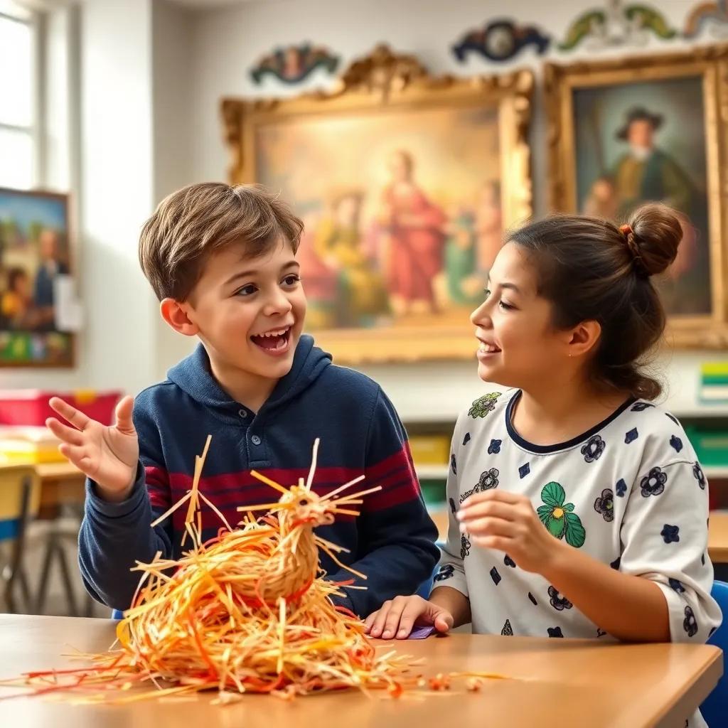 Noah excitedly sharing his idea for a straw sculpture show with Tia Leina, colorful classroom, inspiring atmosphere, bright light