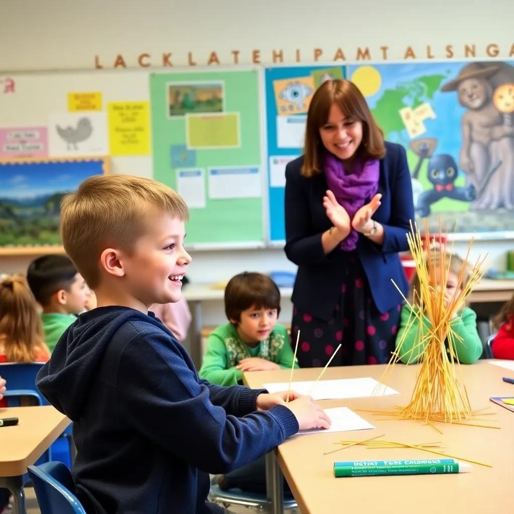 Noah showcasing his fun straw creation to classmates, Tia Leina cheering him on, warm and lively classroom, sense of achievement and happiness