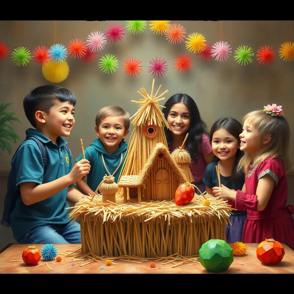 A joyful scene of Noah, Tia Leina, and classmates together celebrating their straw sculptures, surrounded by colorful decorations, friendship and teamwork
