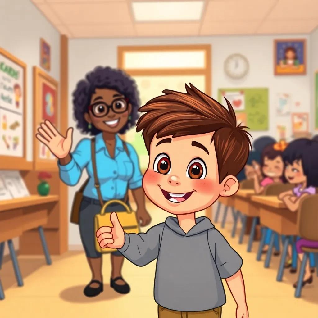 Noah, a small boy with brown hair and eyes, arriving at school with a big smile, waving at the teacher Carla, a black woman wearing glasses, classroom filled with colorful drawings, warm light, lively feeling, illustration