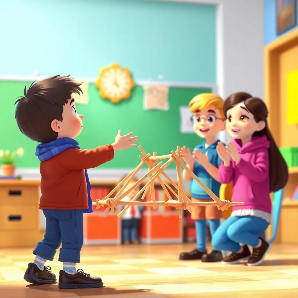 Noah showing his new game, a bridge made of straws and sticks, to his friends who are clapping in excitement, bright and colorful school background, playful mood, digital painting, cartoon style, fun atmosphere