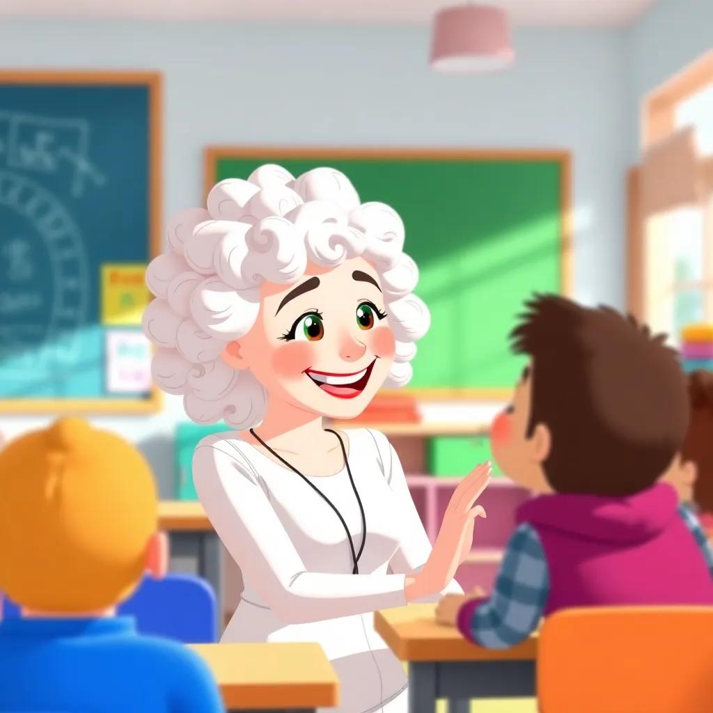 A white woman with curly hair, Tia Leina, smiling and greeting Noah, a friendly scene in the classroom, bright colors, positive energy, colorful environment, illustration
