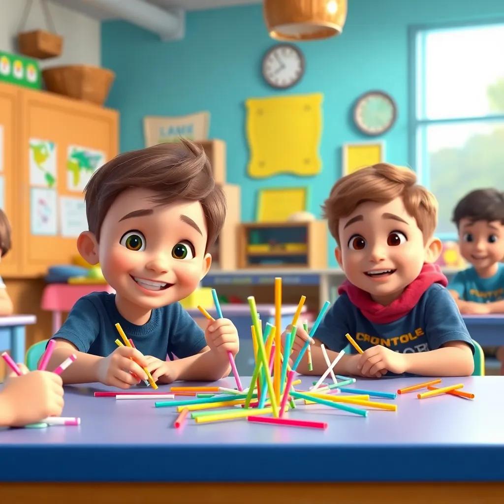 Noah playing with his friends, building new games with straws and sticks, all smiling and having fun in a vibrant classroom, bright and joyful, digital art, lively atmosphere