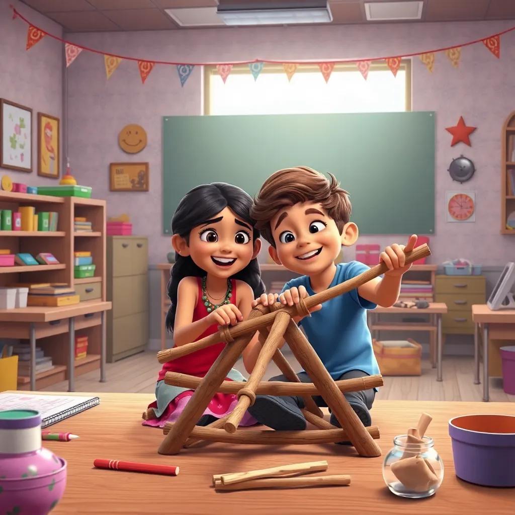 Tia Leina and Noah working together on a catapult made of sticks, classroom filled with colorful crafts and laughter, lighthearted mood, illustration