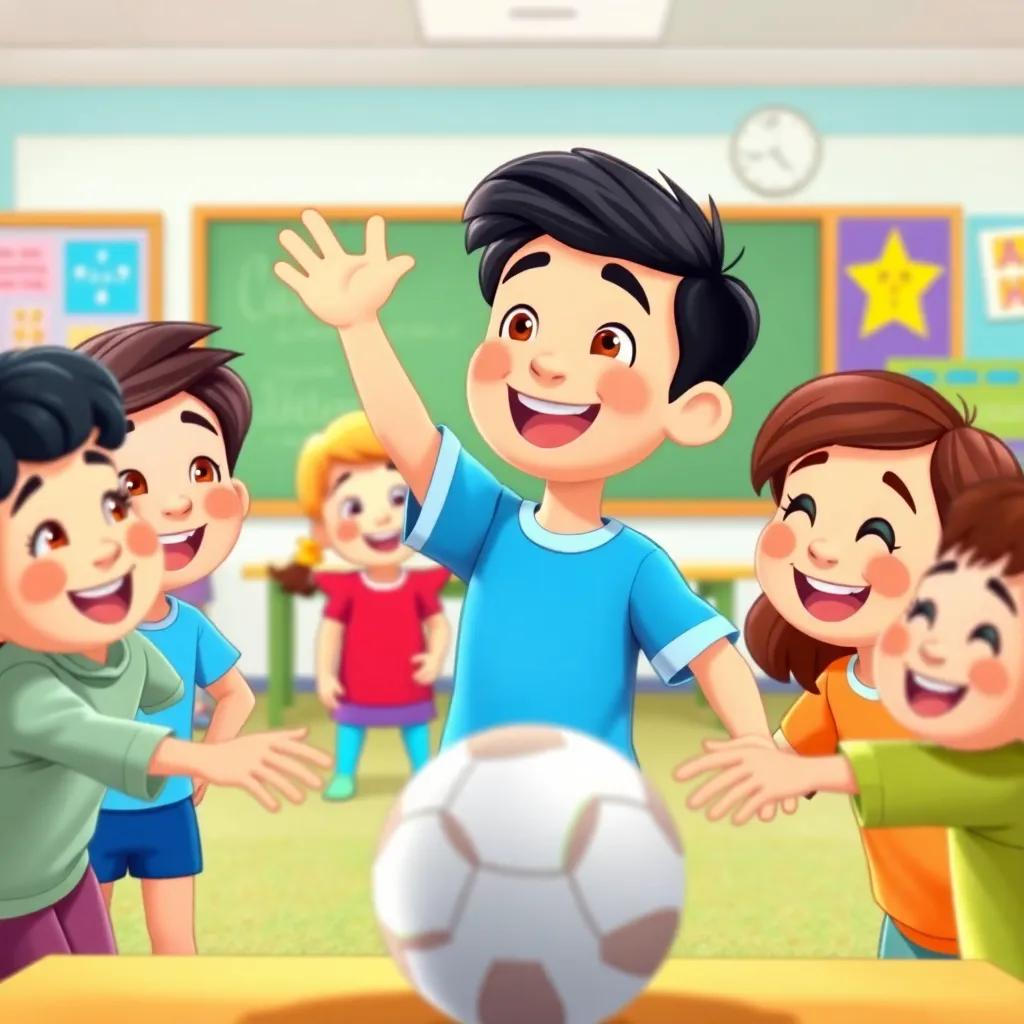 Noah leading his friends in a game, big smiles on their faces, colorful classroom background, joyful and lively atmosphere, cartoon style