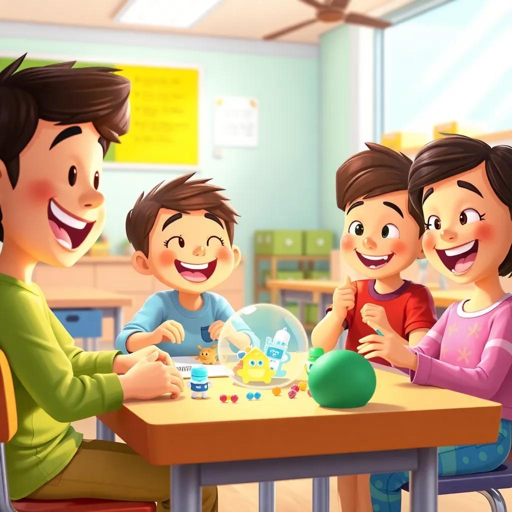 A joyful scene of Noah and friends playing with their creations, happy expressions in a bright classroom, bright colors and fun vibes, illustration