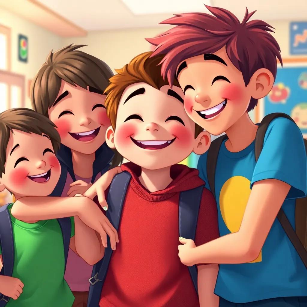 Noah smiling with his friends, enjoying their time together in school, showing support and laughter, colorful and uplifting environment, cheerful mood, digital painting