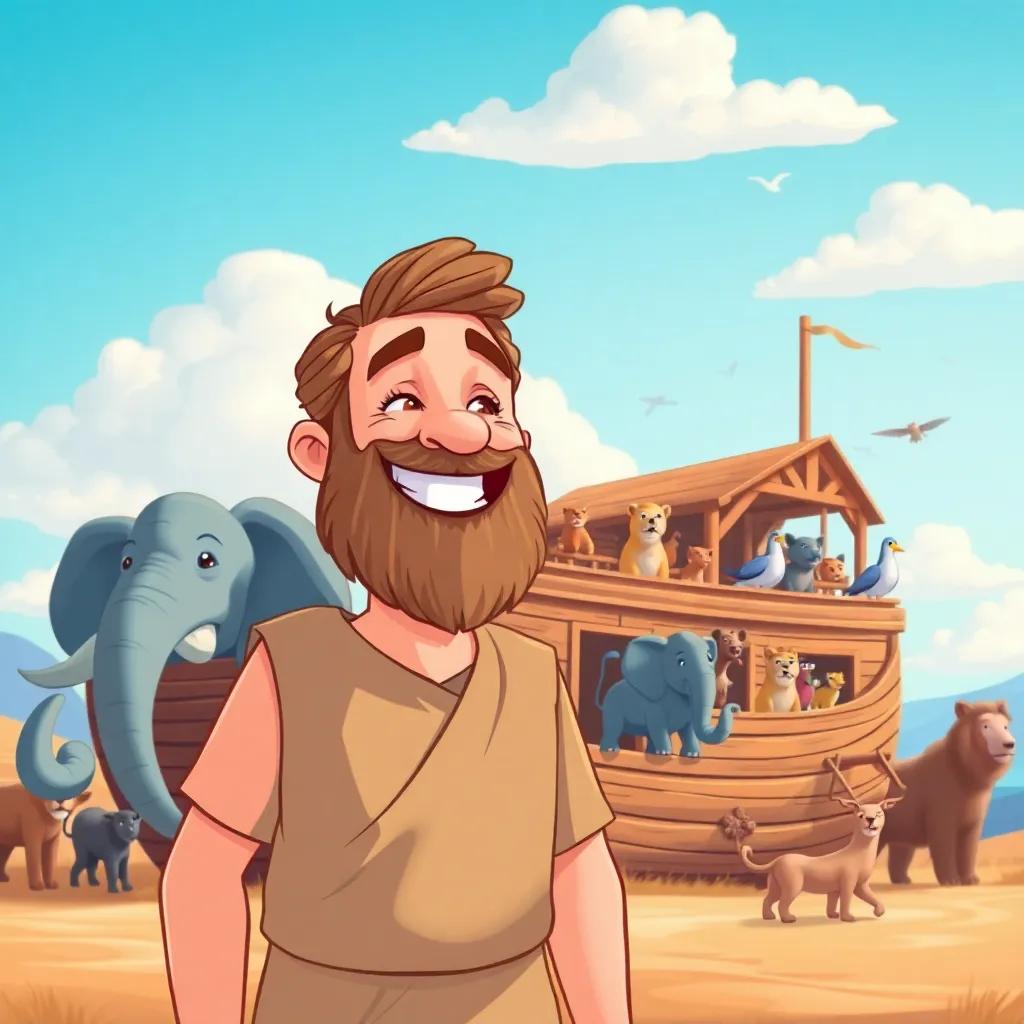 Noah, a middle-aged man with a beard, in a simple tunic, smiling widely as he stands next to a large wooden ark filled with animals, including elephants, lions, and birds, with a blue sky and light clouds overhead, illustration, lively scene, child-friendly, high quality