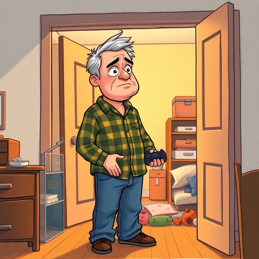 Papa Noah, a middle-aged man with salt-and-pepper hair, wearing a plaid shirt and jeans, standing in a doorway, holding a gaming controller, with a frown on his face, observing Noah's messy room, warm light, realistic, engaging