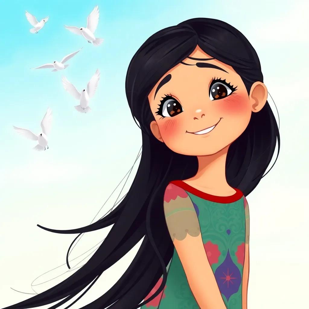 A young Arab girl, Noor, with long black hair wearing a colorful dress, observing birds flying in a bright blue sky, joyful atmosphere, digital art, vibrant colors, peaceful mood, high quality