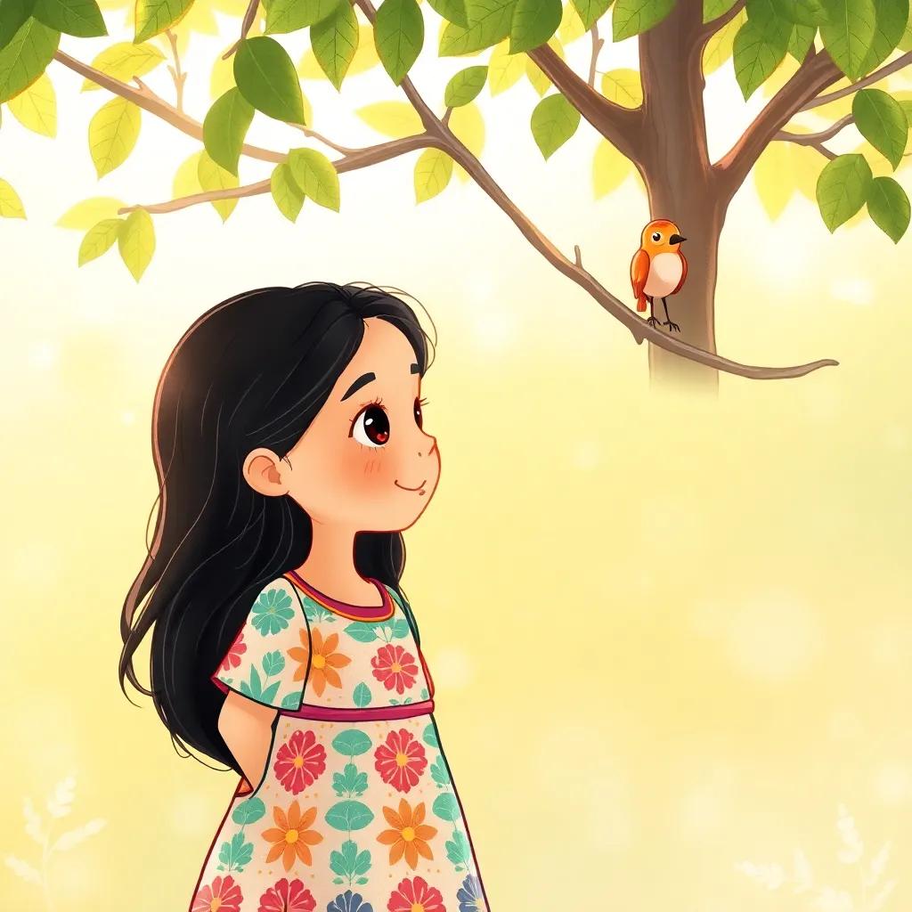 A young Arab girl, Noor, with long black hair in a colorful dress, seeing a little bird sitting alone on a branch of a tree, sunlight filtering through the leaves, cheerful and inviting, warm light, eye-level perspective, high quality