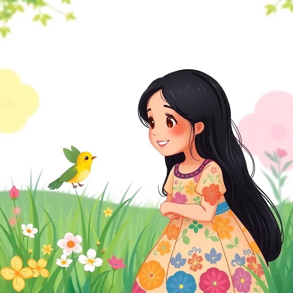 A young Arab girl, Noor, with long black hair wearing a colorful dress, smiling at a little bird, surrounded by grass, flowers in the park, bright colors, friendly atmosphere, child-friendly, high quality