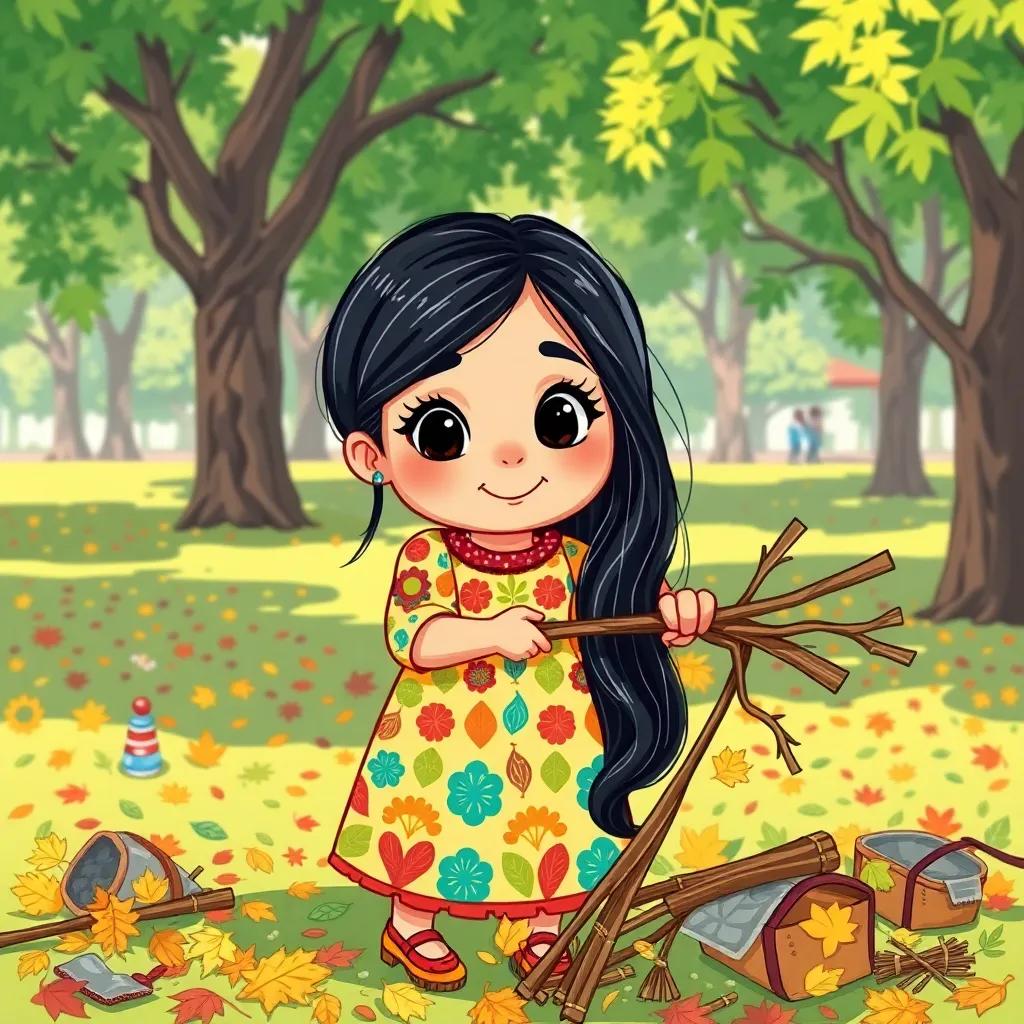 A young Arab girl, Noor, with long black hair wearing a colorful dress, gathering sticks and leaves in a cheerful manner, with a sunny park in the background, bright colors, vibrant clutters, high quality