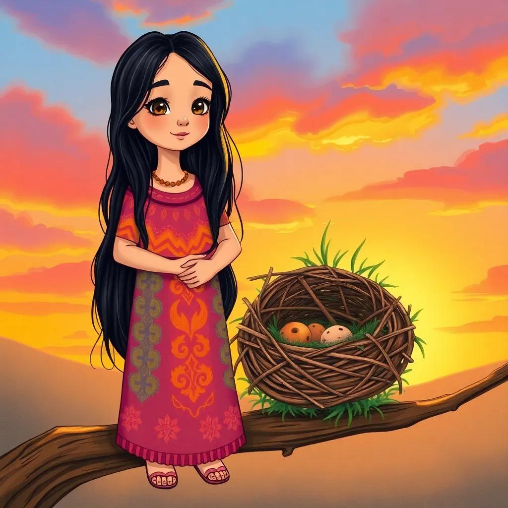 A young Arab girl, Noor, with long black hair wearing a colorful dress, standing proudly next to a cozy nest made of twigs and grass, on a low branch against a colorful sunset, heartwarming colors, peaceful setting, high quality