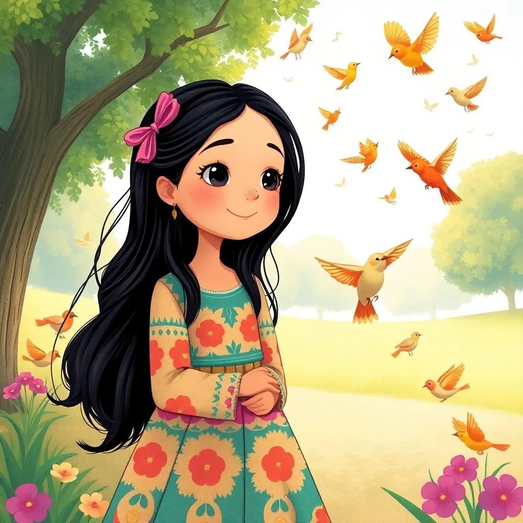 A young Arab girl, Noor, with long black hair in a colorful dress, returning to the park to see the little bird, surrounded by singing birds, colorful fluttering, joyful atmosphere, high quality