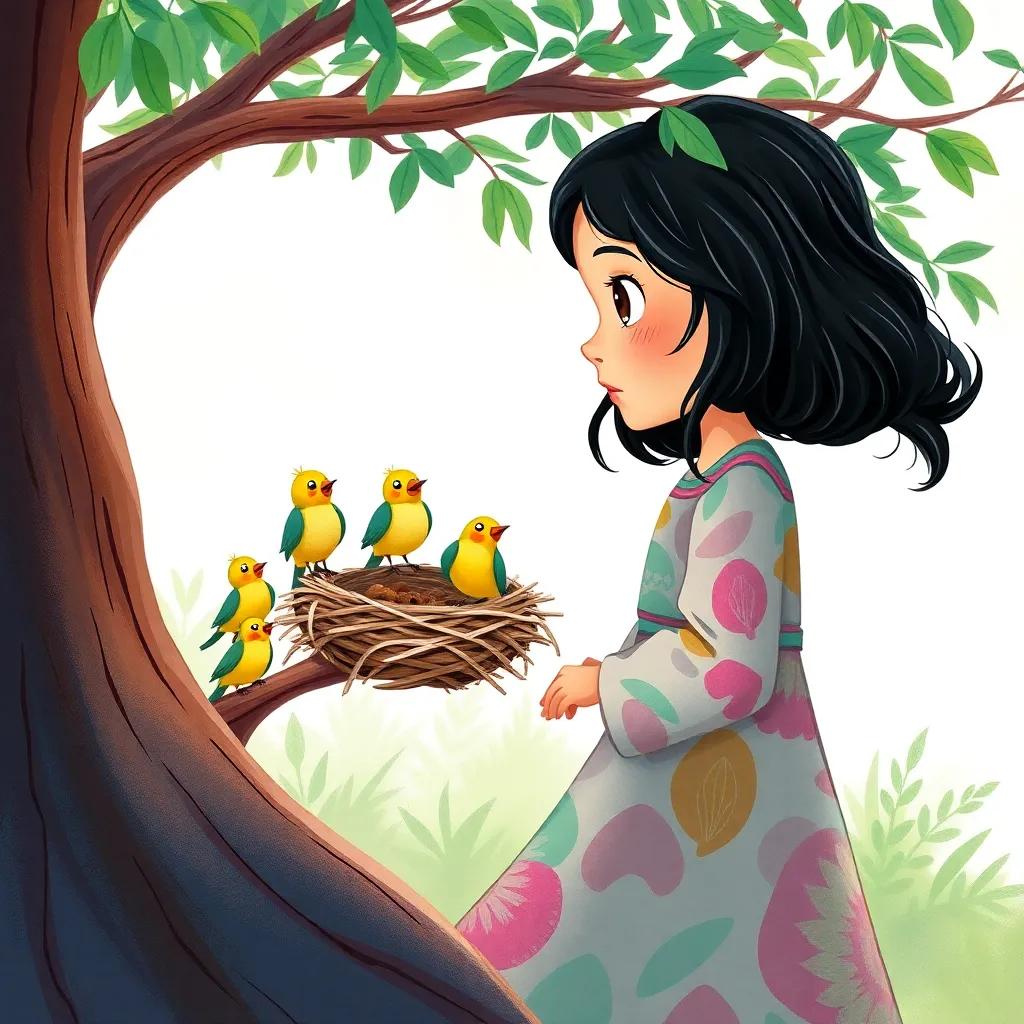 A young Arab girl, Noor, with long black hair wearing a colorful dress, watching several birds happily chirping around a well-built nest, lively setting, bright colors, enchanting environment, high quality