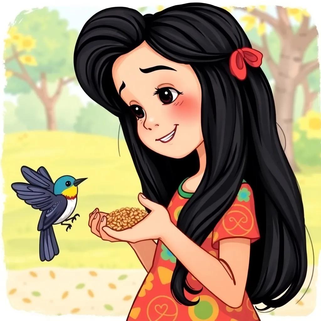 A young Arab girl, Noor, with long black hair in a colorful dress, interacting with birds while feeding them seeds, cheerful park background, warm colors, friendly gesture, high quality