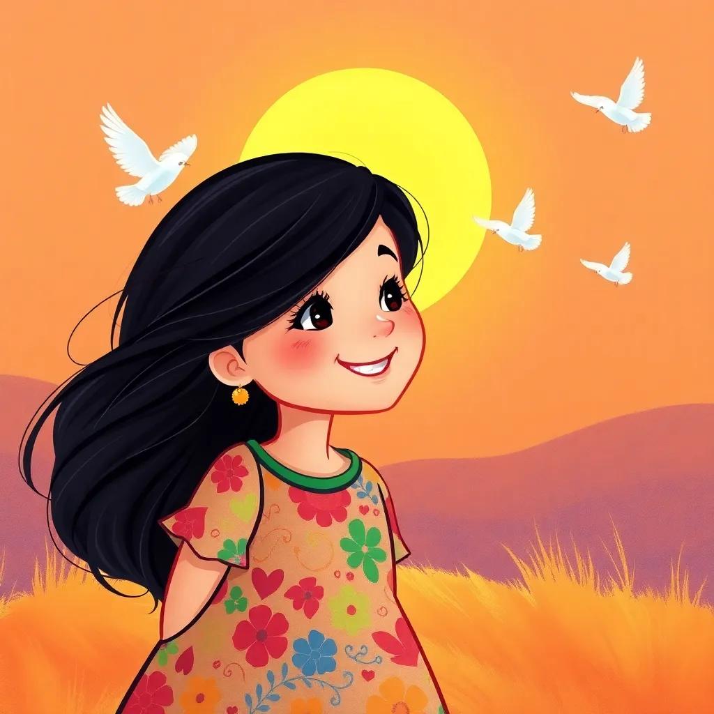 A young Arab girl, Noor, with long black hair in a colorful dress, smiling brightly as she watches the birds flying around happily, warm sunset, joyful smile, friendly ambiance, high quality