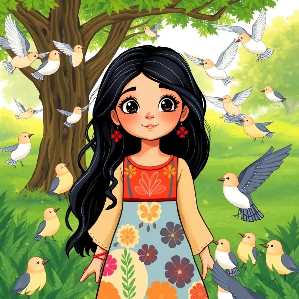 A young Arab girl, Noor, with long black hair in a colorful dress, surrounded by a flock of happy birds, park setting rich with greenery, uplifting mood, bright crisp colors, high quality