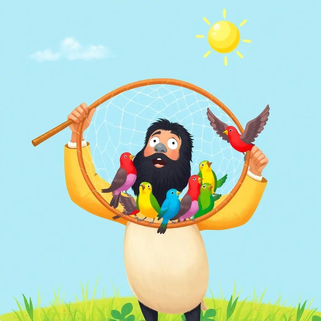 Nasser holding his net, looking proud with nine colorful birds gently flapping inside, the sun shining down in a clear blue sky, playful scene, joyful expression, high quality