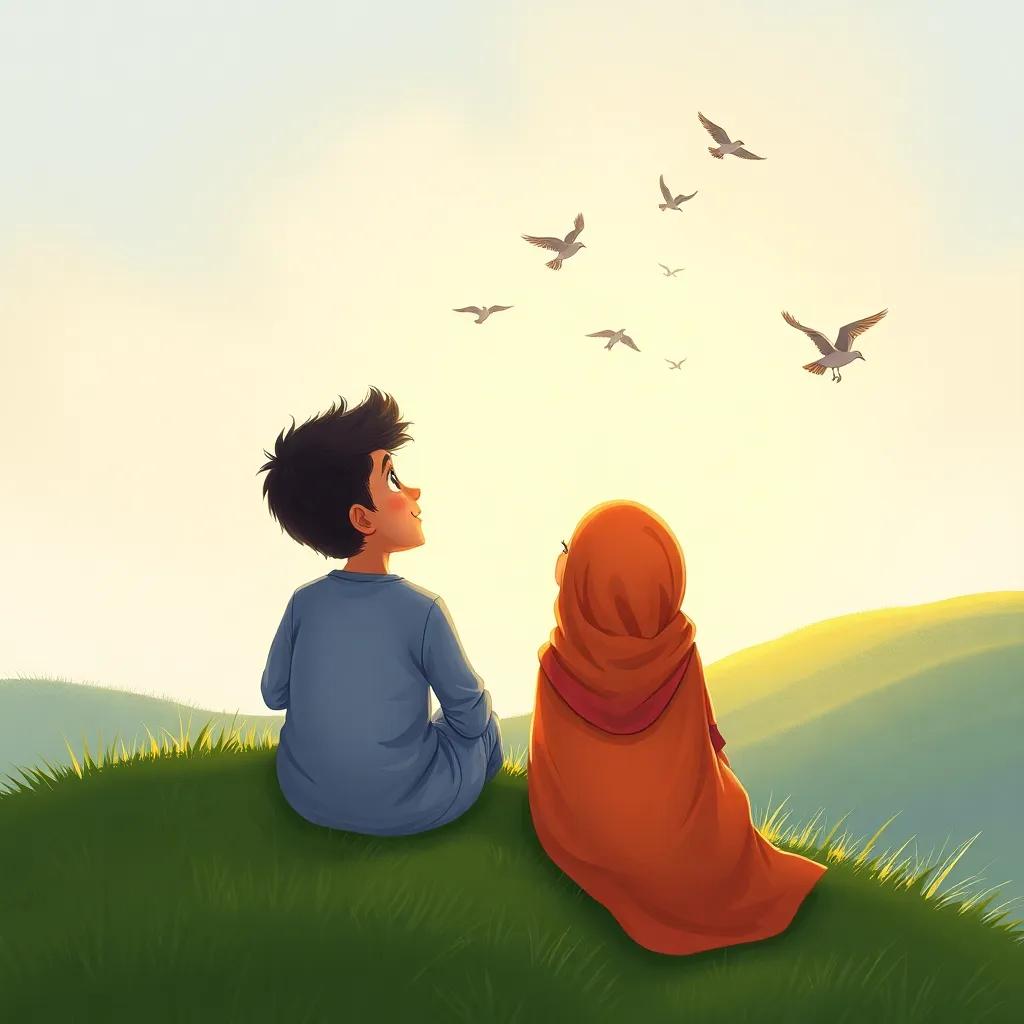 Nasser and Noor watching birds from a distance, sitting on a grassy hill, feeling a sense of joy and connection with nature, sparkling eyes, warm colors, serene scene, high quality