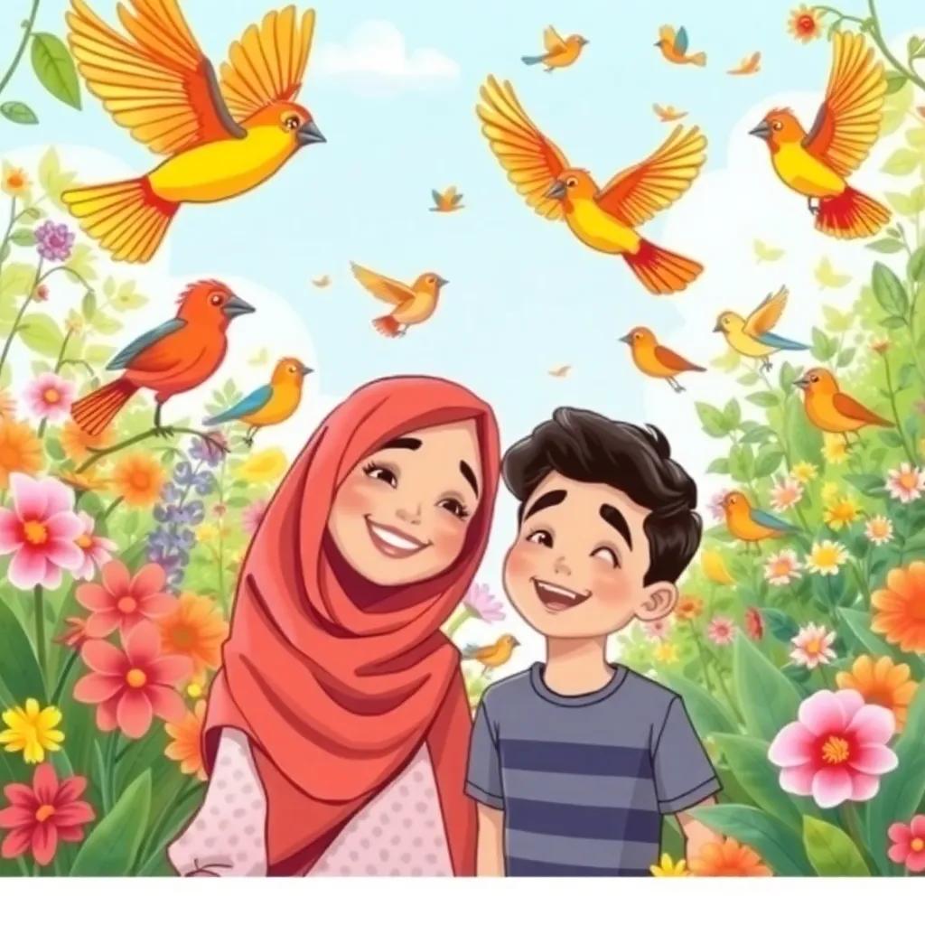 A beautiful garden filled with birds chirping happily, Noor and Nasser in the foreground, smiling and enjoying the moment, colorful plants around them, bright sunny day, high quality