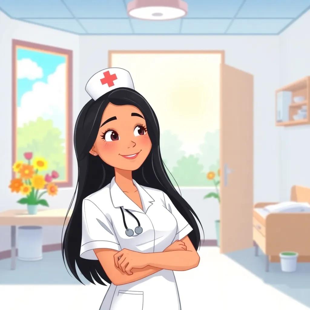 A kind nurse, Noor, with long black hair in a white uniform, smiling gently in a sunny hospital room with flowers and a bright sky outside, cheerful digital art, warm colors, uplifting atmosphere, high quality