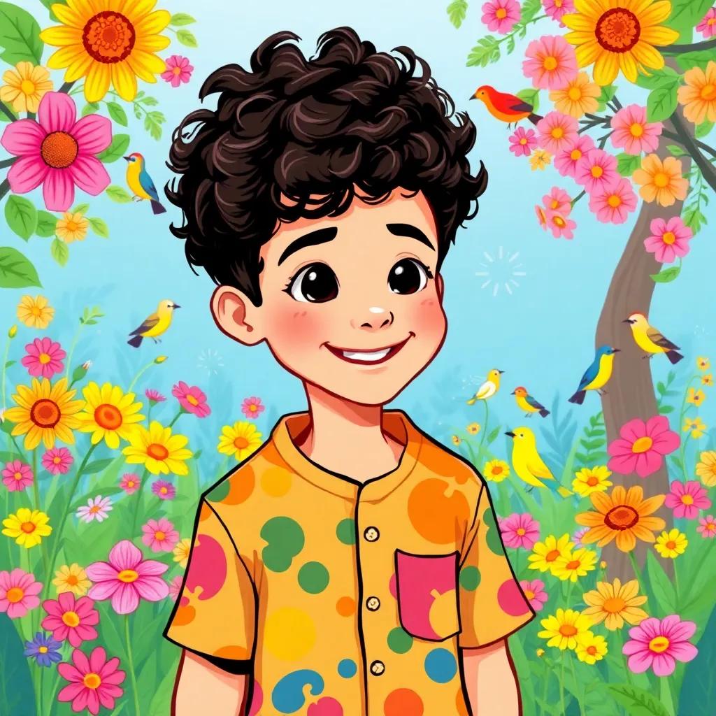 A young boy, Nasser, with short curly hair in a colorful messy shirt, happily looking at a beautiful garden filled with colorful flowers and birds, bright digital illustration, cheerful and vibrant, child-friendly