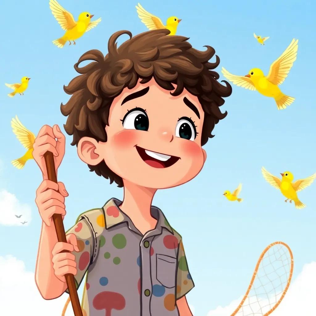 A young boy, Nasser, with short curly hair in a colorful messy shirt, holding a net, peering at the sky with a big smile, surrounded by chirping birds in a clear blue sky, playful art, sunny, joyful scene, child-friendly