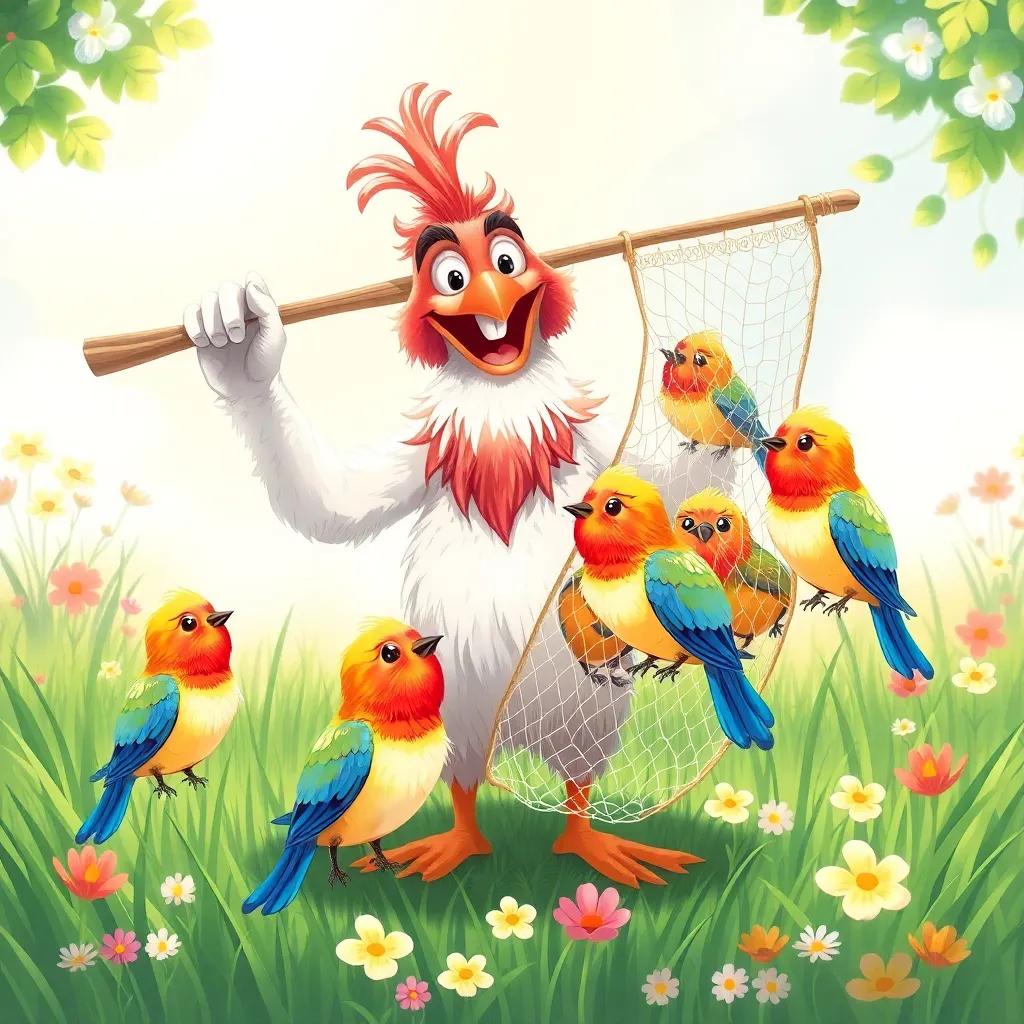 Nasser with a net having caught nine pretty birds, with bright, colorful feathers, perched on the grass, cheerful, bright scene with sunshine and flowers, digital art, wholesome atmosphere, high quality