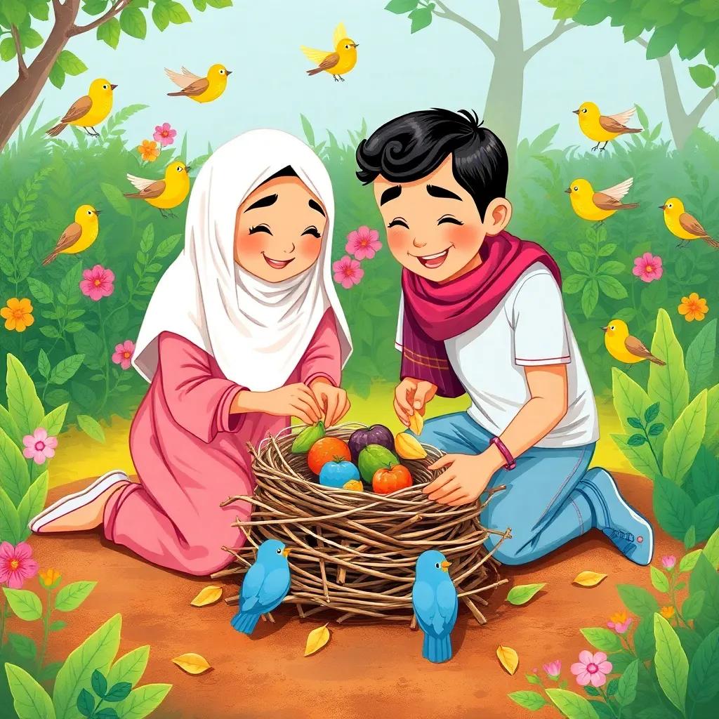 Noor, the nurse, and Nasser together kneeling in a garden, building a nest with twigs and leaves, surrounded by happy birds, bright colors, joyful teamwork, heartwarming illustration, friendly atmosphere