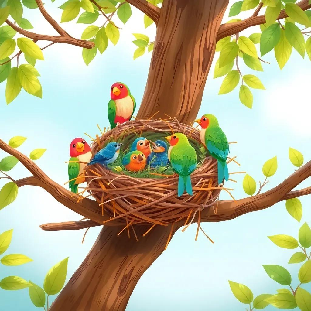A beautiful nest made of twigs and grass, perched on a tree branch with nine colorful birds around it, chirping happily, in a sunny day setting, delightful digital art, nature-focused, high quality