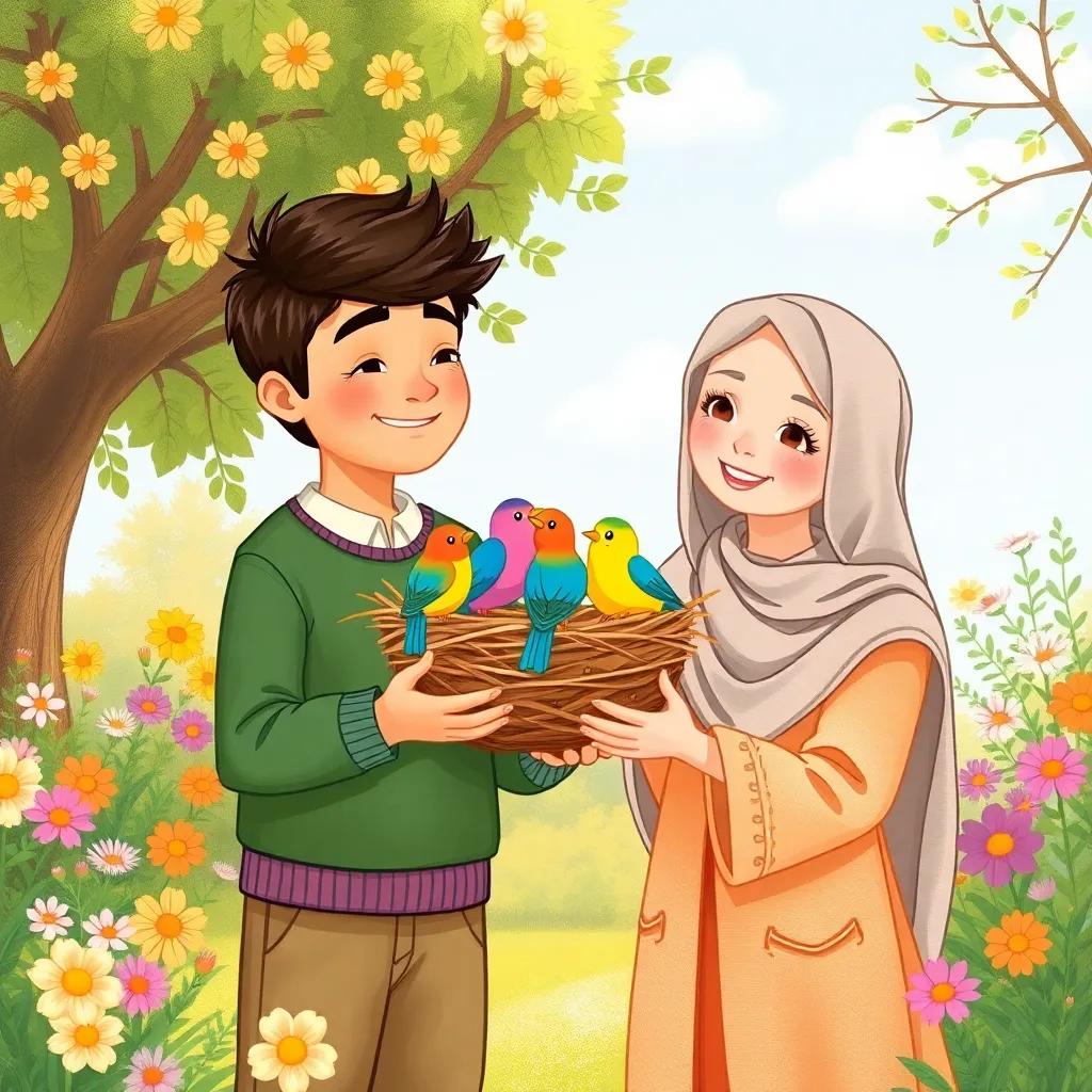 Nasser, holding out a nest to the colorful birds, with Noor smiling beside him, set in a sunny garden, surrounded by flowers and trees, joyful illustration, heartwarming scene