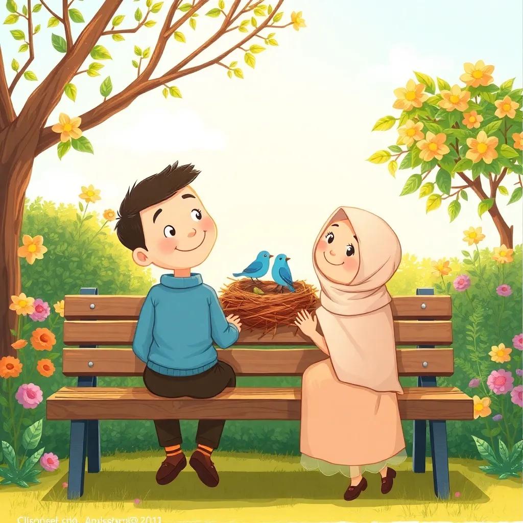 Nasser and Noor sitting on a bench in the garden watching the birds in their nest, with smiles on their faces, warm sunlight shining, delightful illustration, peaceful atmosphere, child-friendly