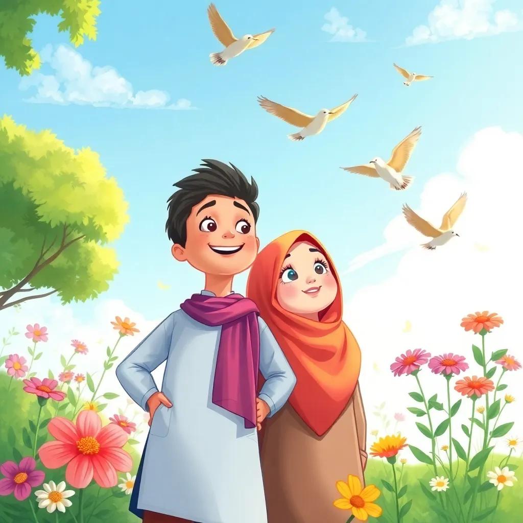 Nasser with a proud smile, standing beside Noor as they watch the birds, clear sky above, flowers blooming around, uplifting digital art, vibrant colors, cheerful scenery