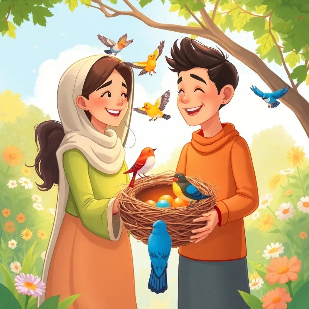 Noor and Nasser, smiling at each other filled with joy, as they look at the birds swirling around their now cozy nest, with a backdrop of a sunny garden, joyful digital art, heartwarming vibe, high quality
