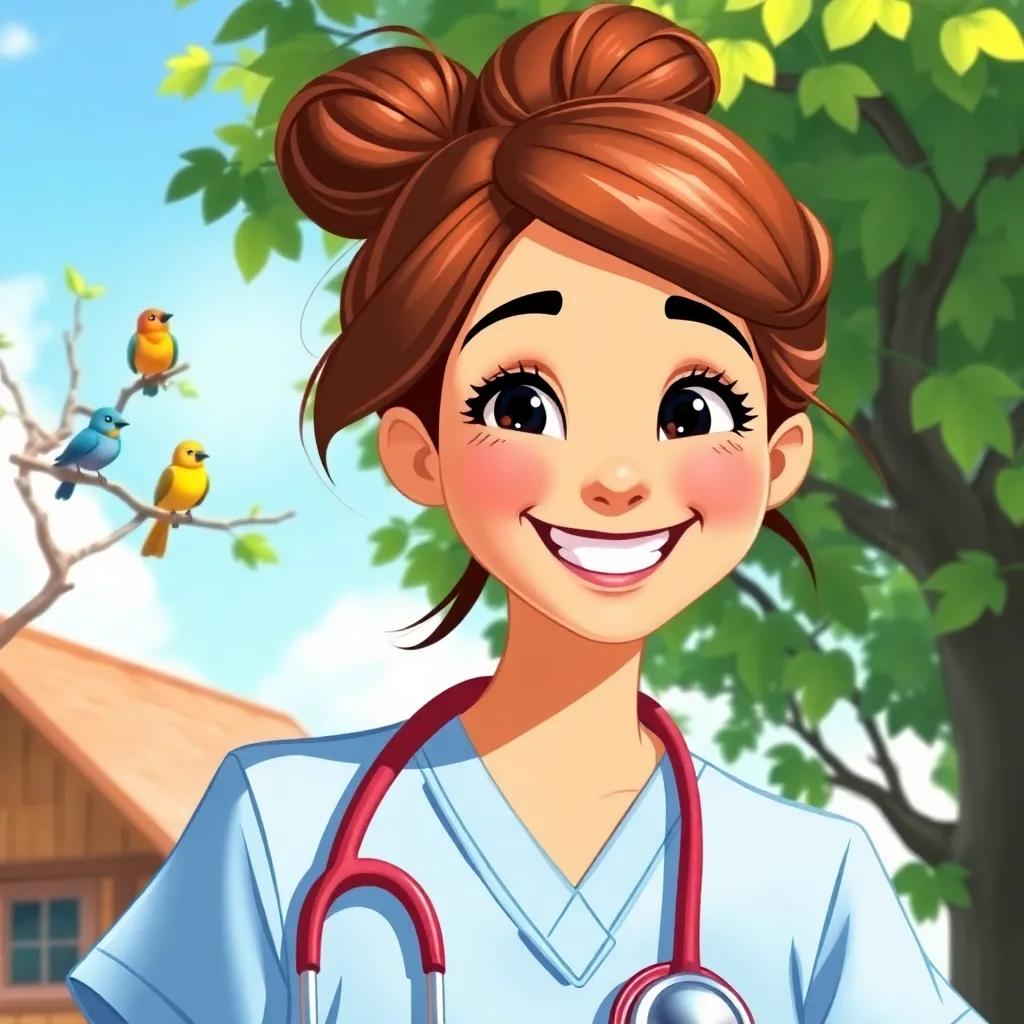 A cheerful nurse, Clara, with brown hair in a bun, wearing blue scrubs and a colorful stethoscope, smiling at a tree where little birds are perched, bright sunny day, digital art, vibrant colors, warm atmosphere, high quality