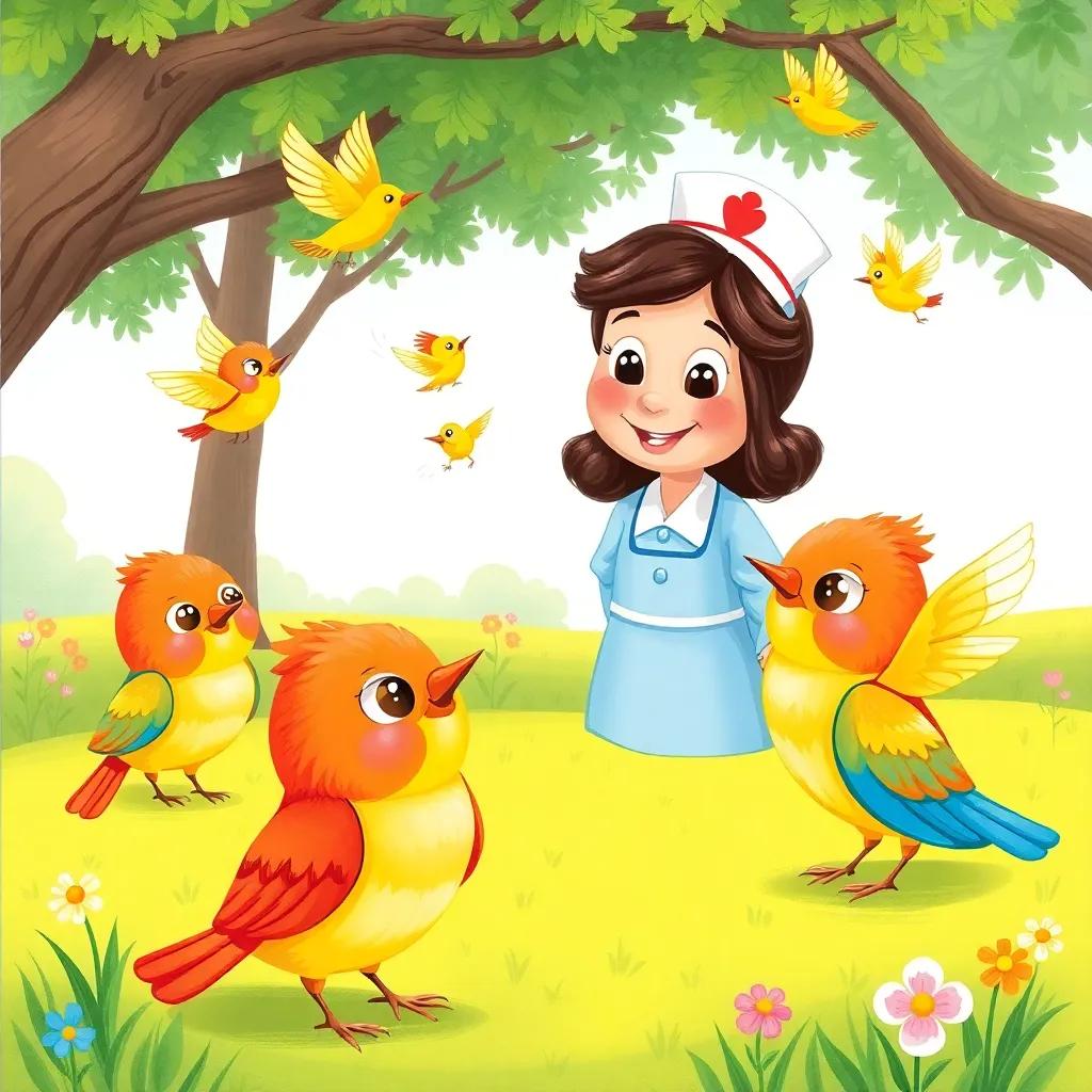 Little birds with colorful feathers, chirping with big round eyes, fluttering around Nurse Clara as she smiles at them, scene in a park with green grass and flowers, cheerful illustration, bright colors, child-friendly vibe