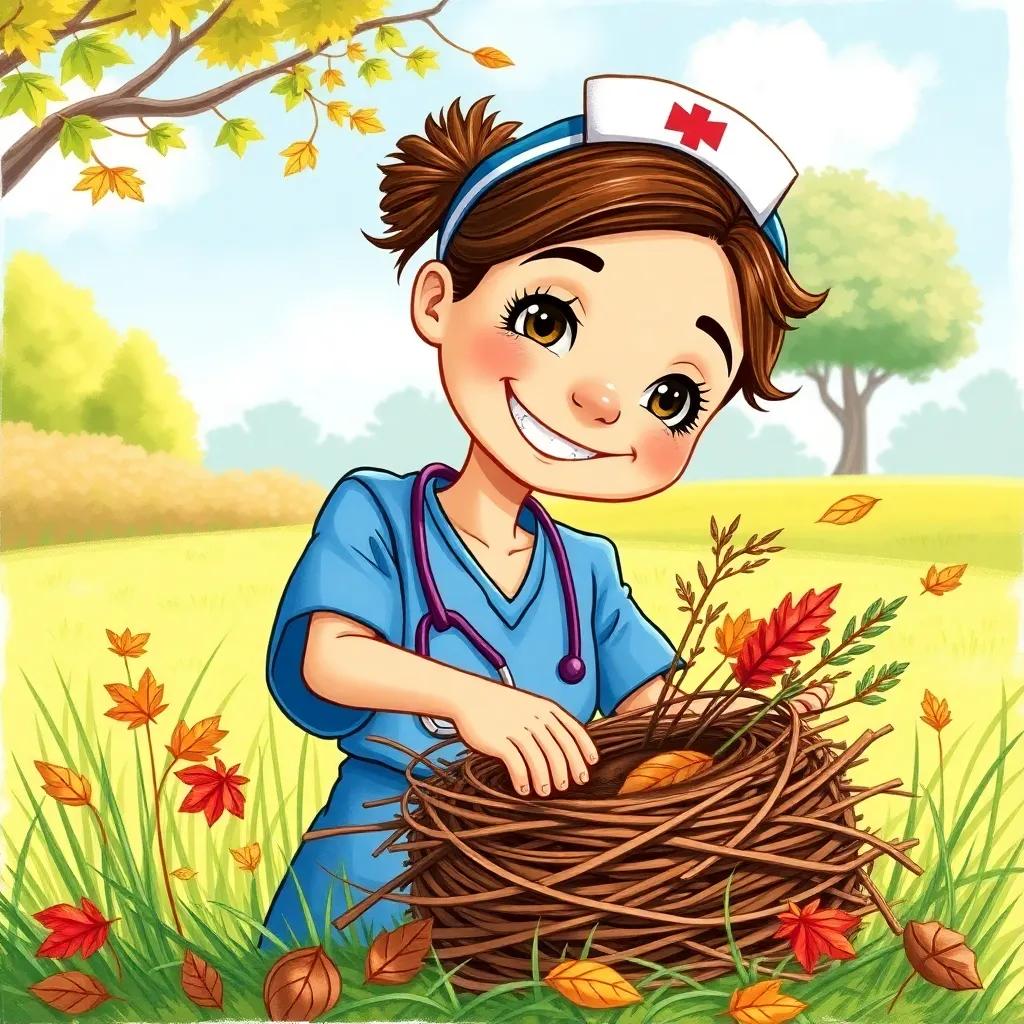 Nurse Clara gathering twigs, leaves, and grass with a big smile, wearing blue scrubs and collecting items to make a nest, sunny day in the park, detailed artwork, lively colors, engaging for children