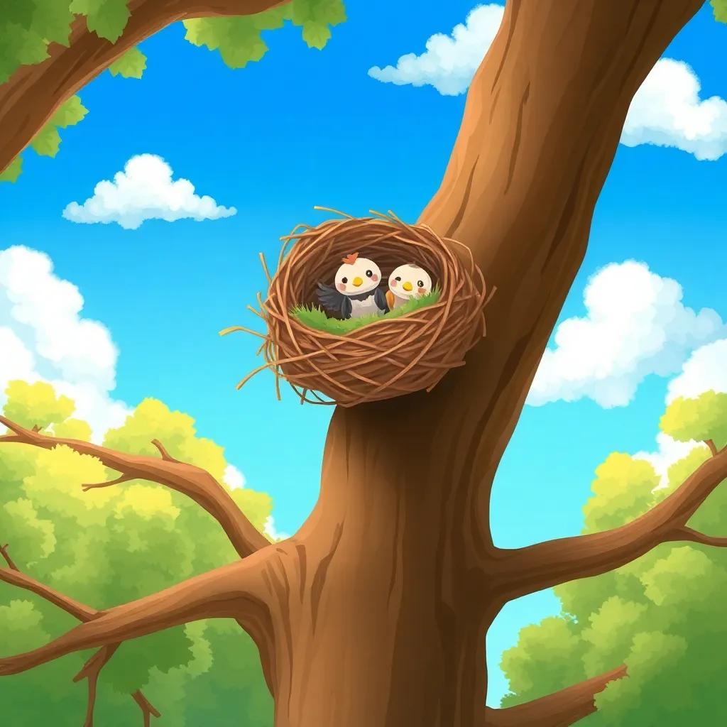 The nest high in the tree, made of twigs and soft grass, with little birds peeking out, bright blue sky and fluffy white clouds in the background, charming digital art, colorful and inviting, friendly atmosphere