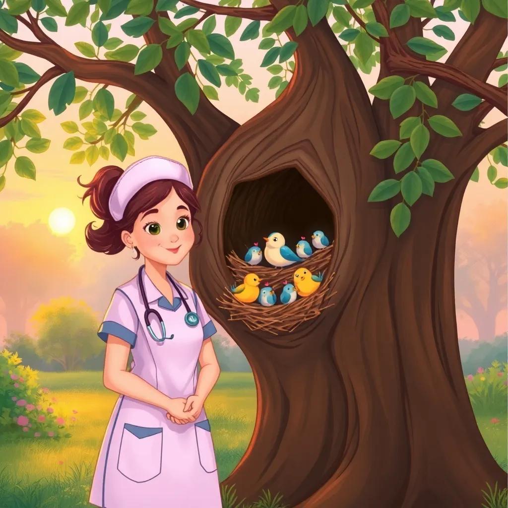 Nurse Clara standing in front of the finished nest in a tree, proudly smiling at the little birds, warm sunset light glowing, peaceful park surroundings, fantasy style, heartwarming colors, inviting feel