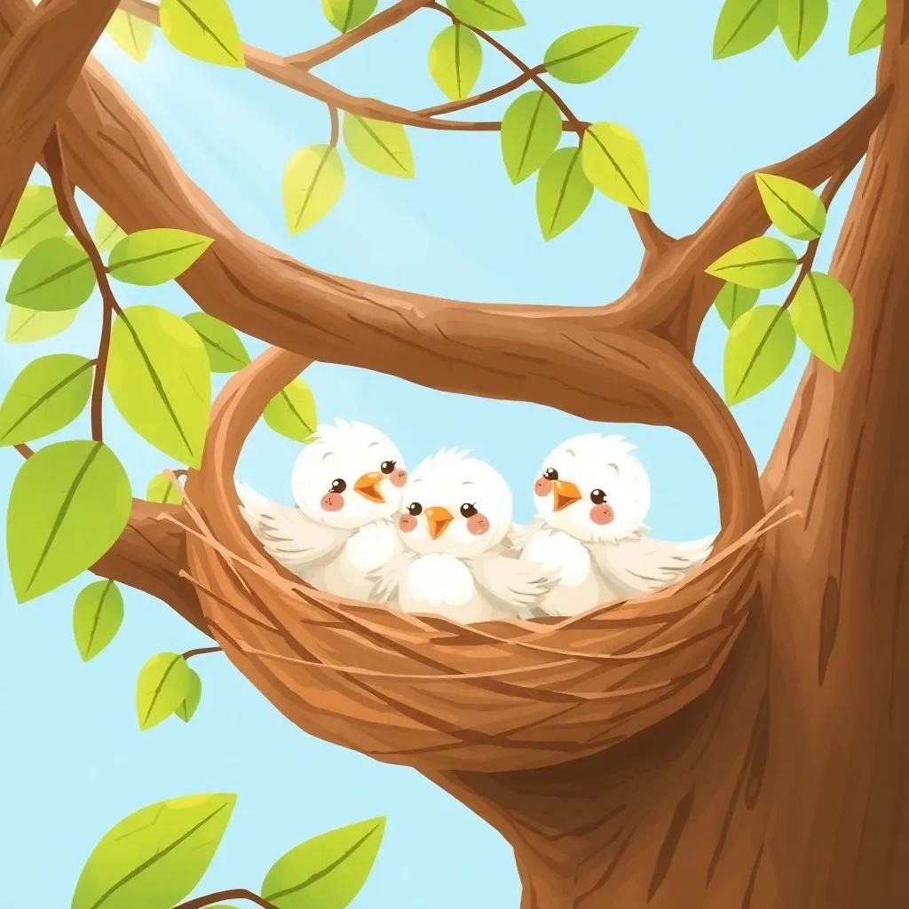 The little birds inside their nest, fluffy and happy, with sunlight shining down on them, the tree leaves rustling softly, bright and friendly illustration, engaging for kids, joyful scene