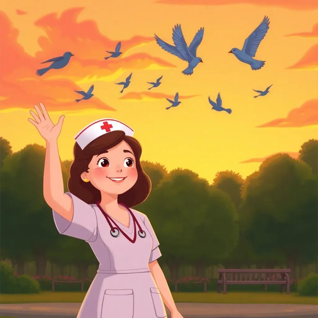 Nurse Clara waving goodbye to the birds as they sing, warm sunset with orange and pink colors in the sky, Clara looking happy and content, lovely park scenery, uplifting digital art, high quality