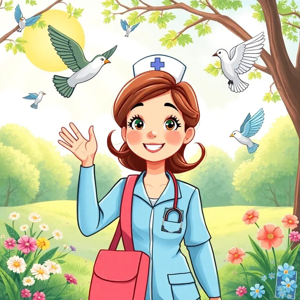Nurse Clara visiting the park daily, birds flying around her, Clara smiling and waving, beautiful nature background with flowers and sunshine, charming children’s illustration, colorful and vibrant