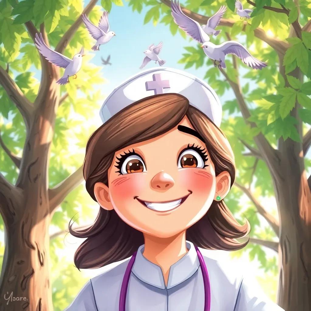 A close-up of Nurse Clara's happy face, with birds swirling above, the bright sunlight shining through the leaves of the tree, friendly atmosphere, digital painting, engaging for children