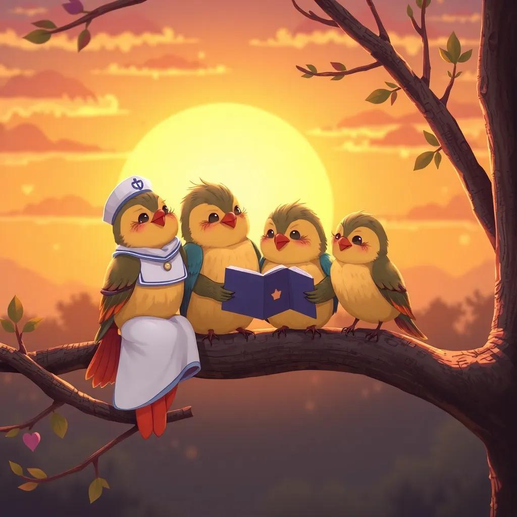 Nurse Clara and the little birds sitting together on a branch, laughing and sharing stories, a beautiful sunset in the background with golden light, heartwarming and charming, high-quality digital art