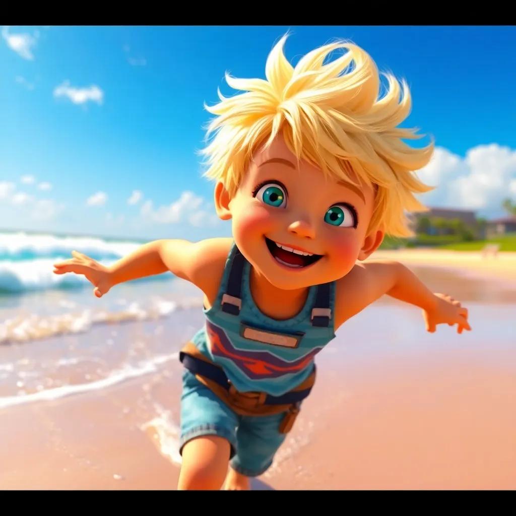 A young blonde boy, Nyjah, on a sunny beach in Kona, Hawaii, running towards the ocean with enthusiasm, bright blue sky, playful atmosphere, digital art, vibrant colors, joy-filled scene