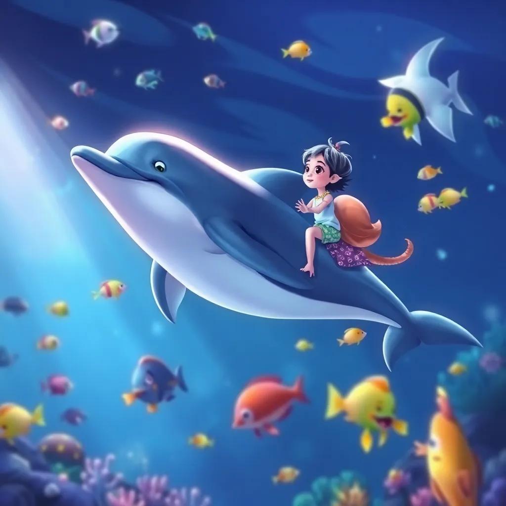 A magical dolphin swimming gracefully in the ocean with Nyjah riding on its back, colorful fish swimming around them, underwater scene, enchanting atmosphere, detailed illustration, bright and lively colors, magical exploration